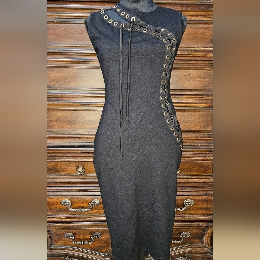 Cameo Lace Up Black Dress
